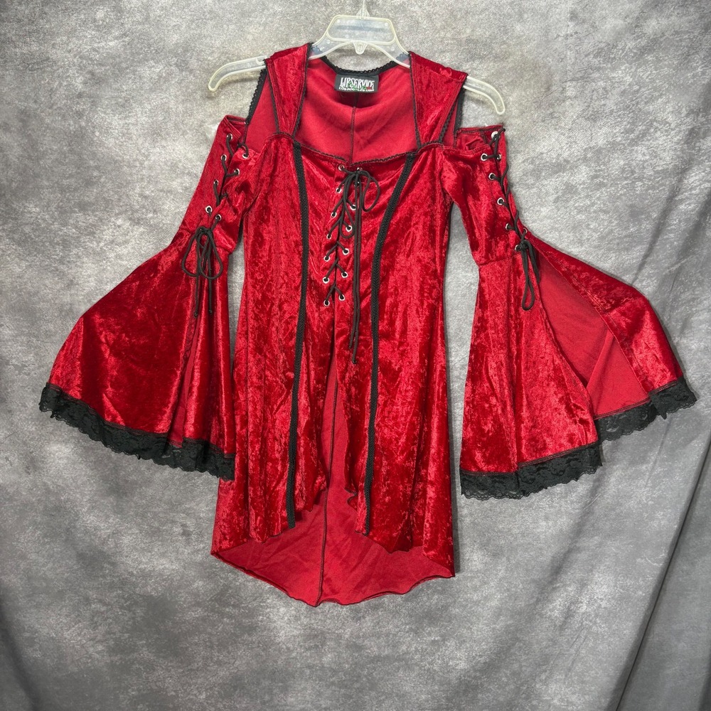 VTG Lip Service Red Velvet Lace Up Bell Sleeve Tunic Top Size M Vamp Whimsigoth